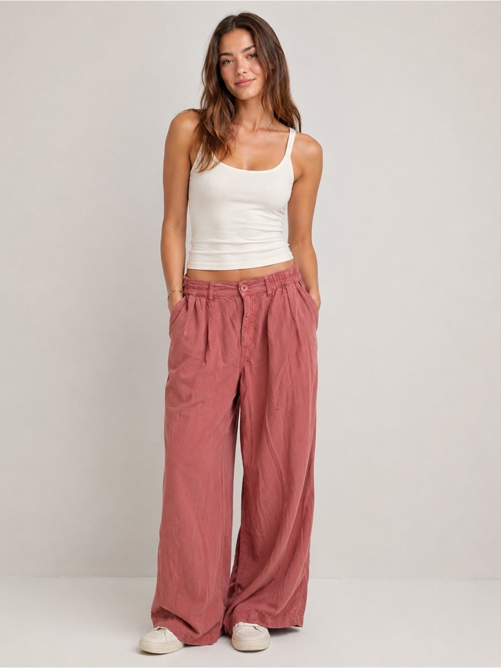 Aerie Wide Leg Lyocell Pants Dusty Rose Elastic Waist Size Small Regular
